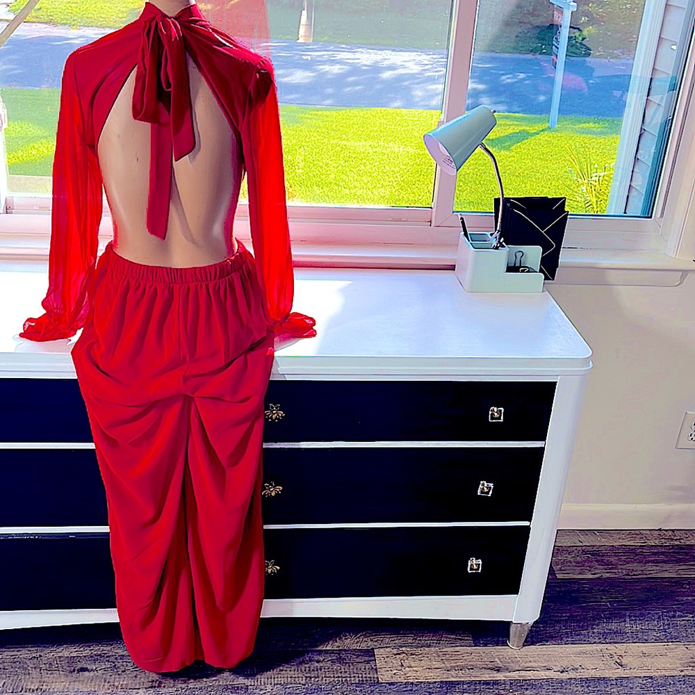 Red long sleeved open back sides cut out jumpsuit